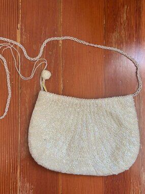 80s Vintage Crossbody White Beaded Purse Flapper
